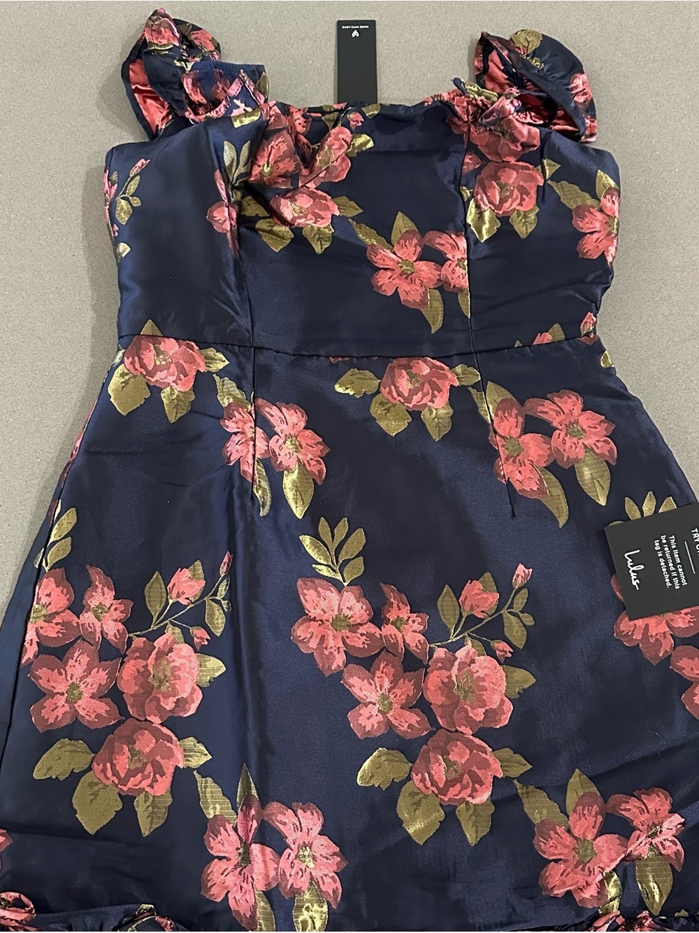 Lulus Navy Blue Floral Jacquard Off Shoulder Ruffle Mini Dress NWT Size S - Picture 5 of 10